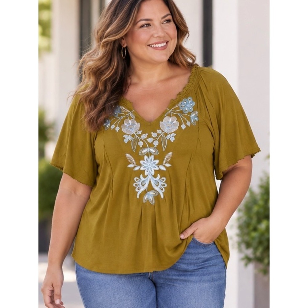 J. Jill Mustard Yellow Embroidered Blouse 2X Plus Size Boho Floral Top